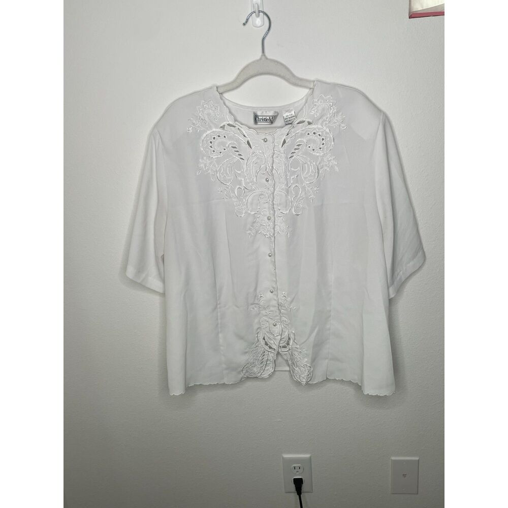 Coastal grandma white blouse 24W Christie Jill embroidered lace pearl top
